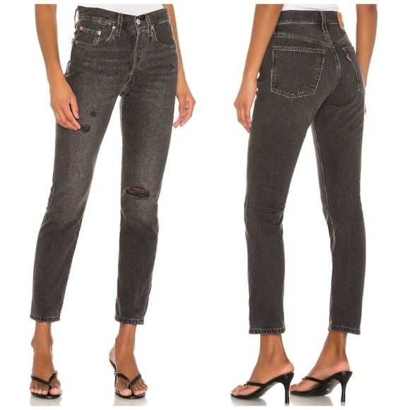 Levis Premium 501 Skinny High Rise Distressed Faded Black Non-Stretch Denim Jean - Picture 7 of 13